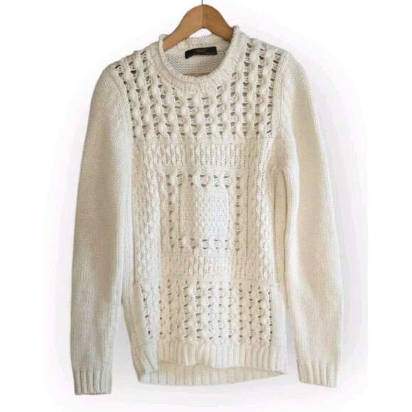 Zara Chunky Knit Sweater Men's Large Cream Wool Blend Fisherman High Neck - Picture 1 of 7